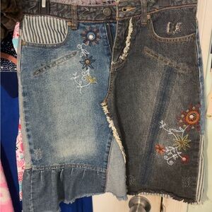 Dollhouse Two-Tone Embroidered Denim Midi Skirt in Blue and Gray